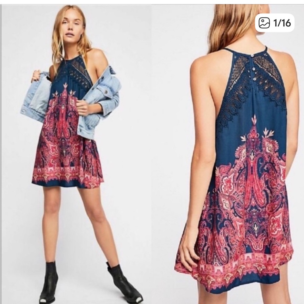 Free People Navy Shea Printed Crochet Halter Mini dress EUC